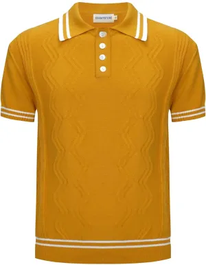 OXKNIT Mens Knitted Vintage Polo Shirt, 1960s Mod Style Retro Polo Textures Shirt with Double Line Neck