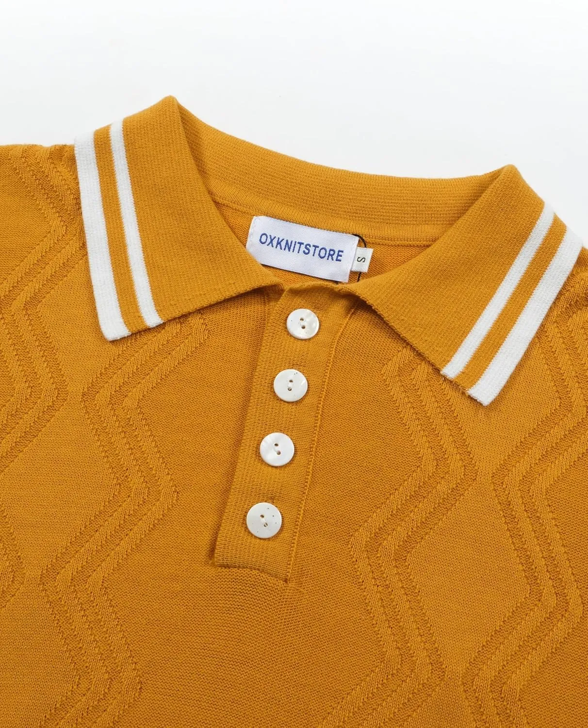 OXKNIT Mens Knitted Vintage Polo Shirt, 1960s Mod Style Retro Polo Textures Shirt with Double Line Neck