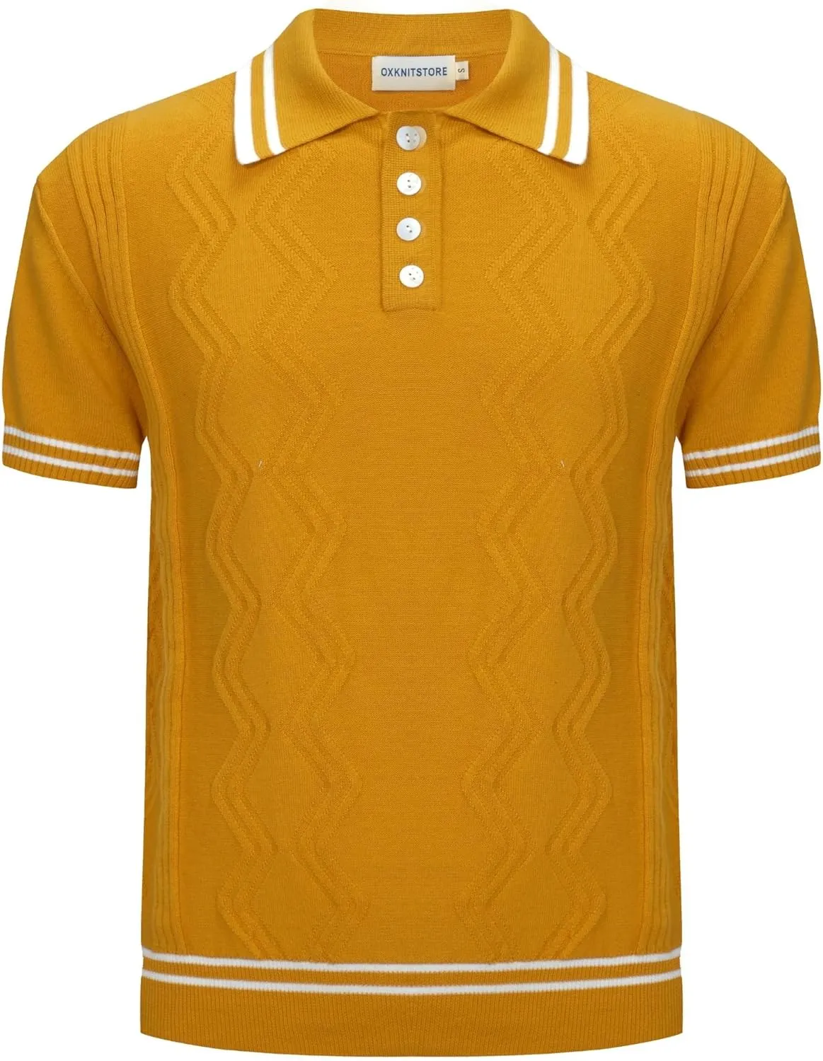 OXKNIT Mens Knitted Vintage Polo Shirt, 1960s Mod Style Retro Polo Textures Shirt with Double Line Neck