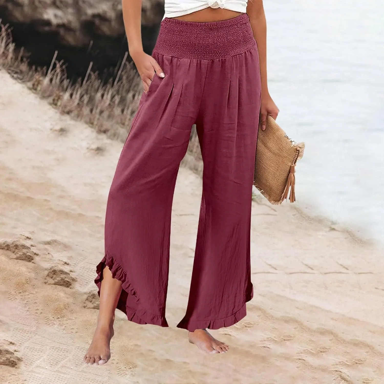 Pants for Women, Cotton Linen Straight Leg Wide Pants High Waisted Summer