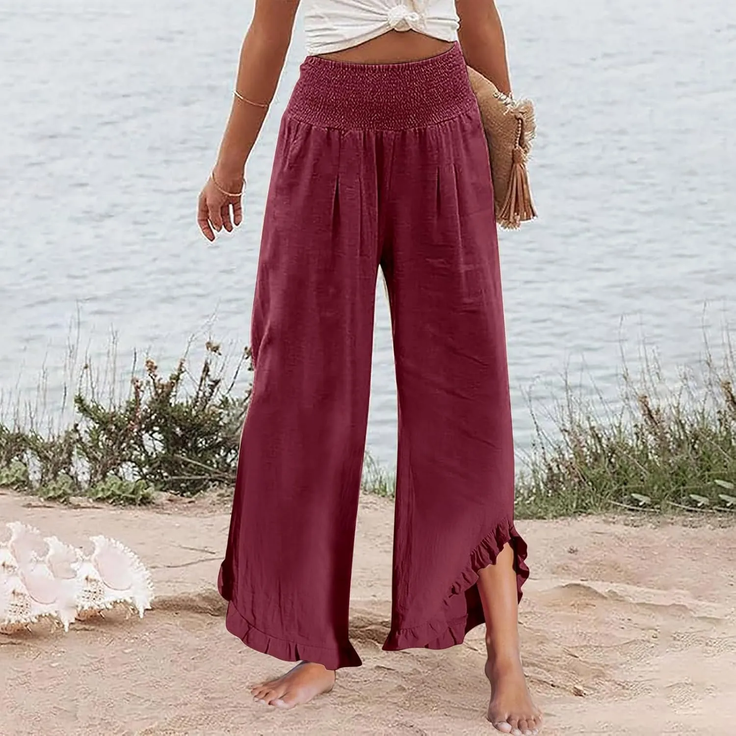 Pants for Women, Cotton Linen Straight Leg Wide Pants High Waisted Summer