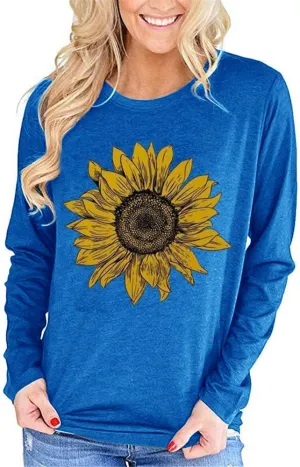 Pfvkeree Women's Sunflower Graphic T Shirt Cute Funny Long Sleeve Casual Cotton Tee Tops