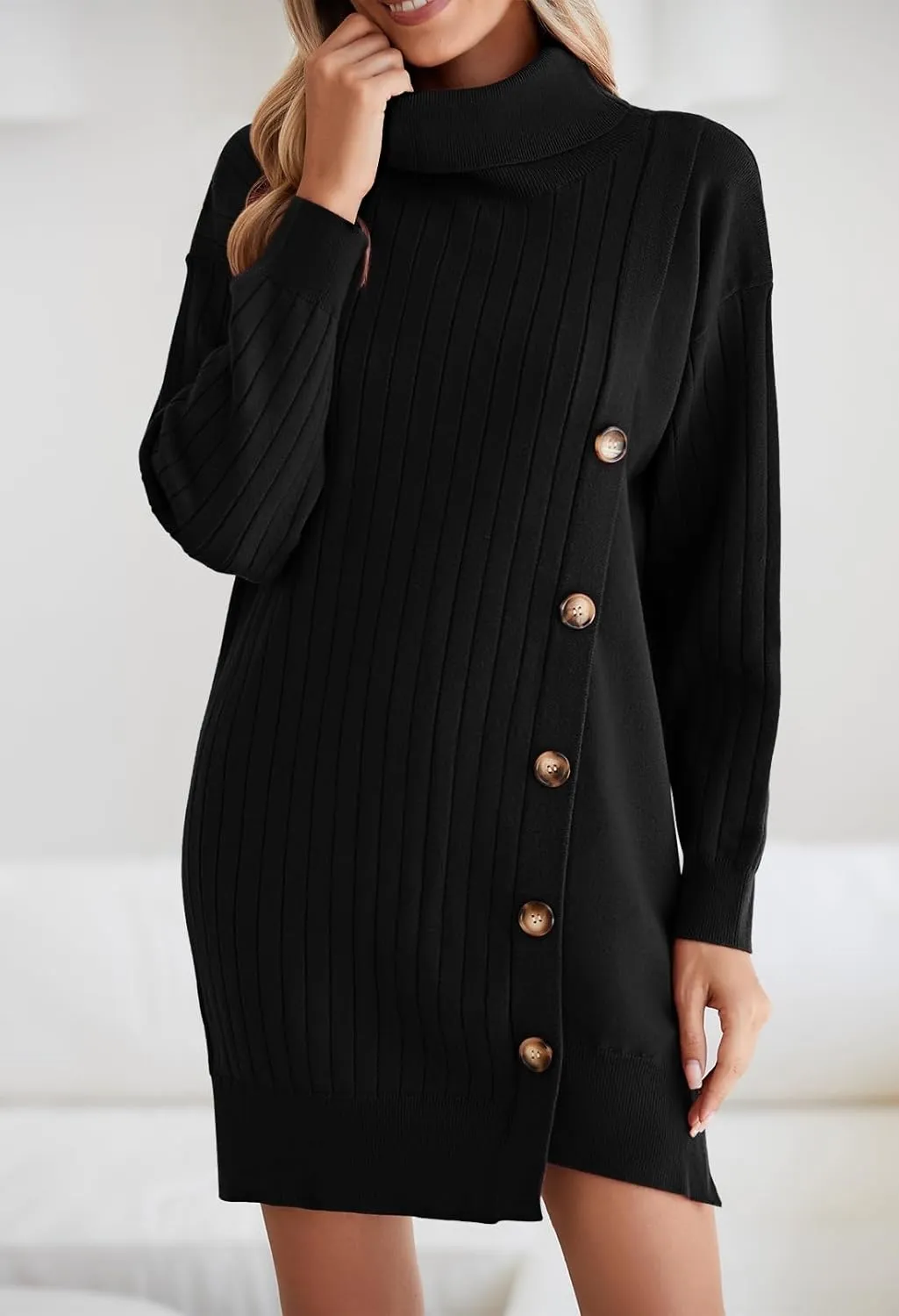 Pink Queen Women's Fall Winter Sweater Dress 2024 Loose Turtleneck Long Sleeve Cocktail Party Ribbed Knit Mini Dress Outfits