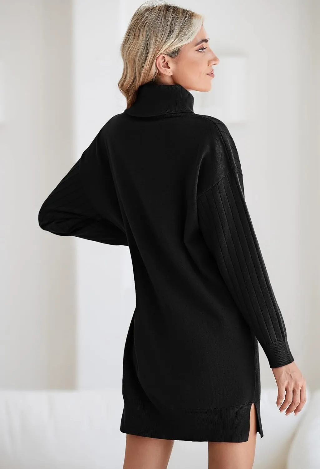 Pink Queen Women's Fall Winter Sweater Dress 2024 Loose Turtleneck Long Sleeve Cocktail Party Ribbed Knit Mini Dress Outfits