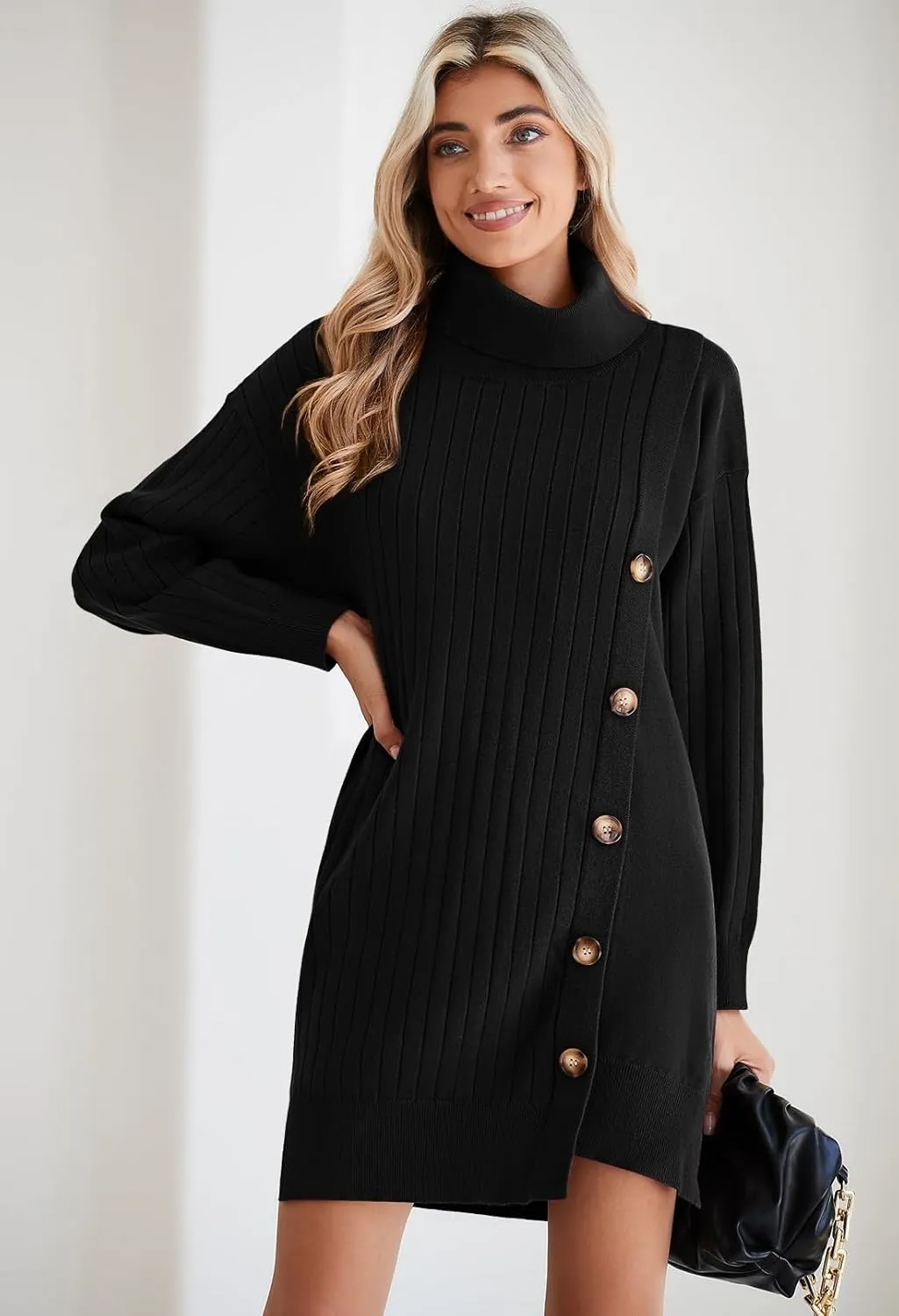 Pink Queen Women's Fall Winter Sweater Dress 2024 Loose Turtleneck Long Sleeve Cocktail Party Ribbed Knit Mini Dress Outfits