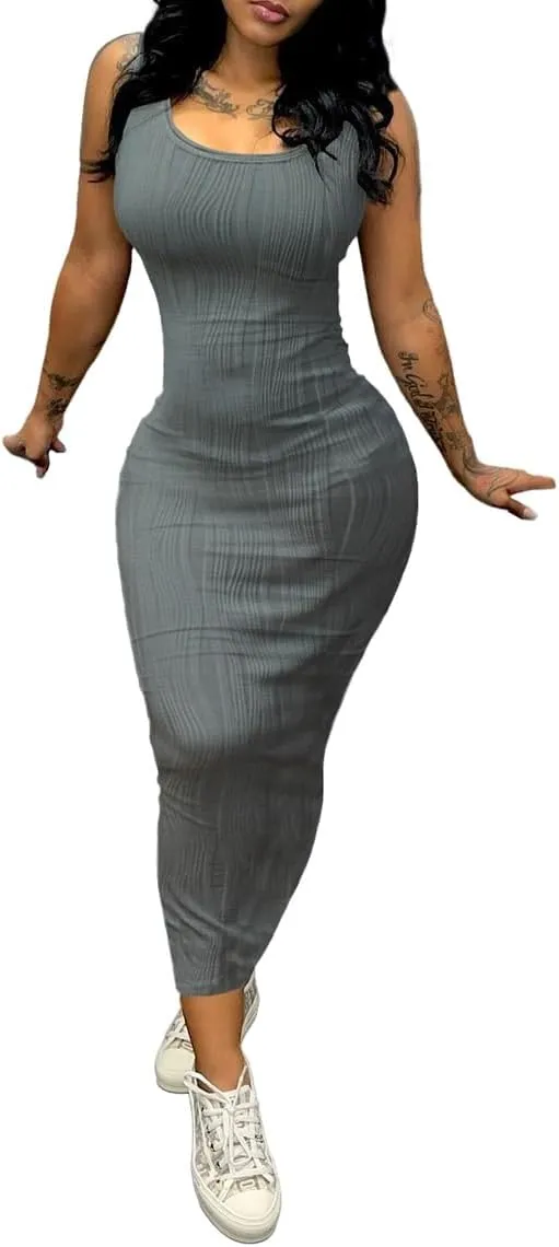 PINSV Women's Scoop Neck Bodycon Maxi Dress Stretchy Sleeveless Summer Tank Dress Sexy Party Club Beach Sundress