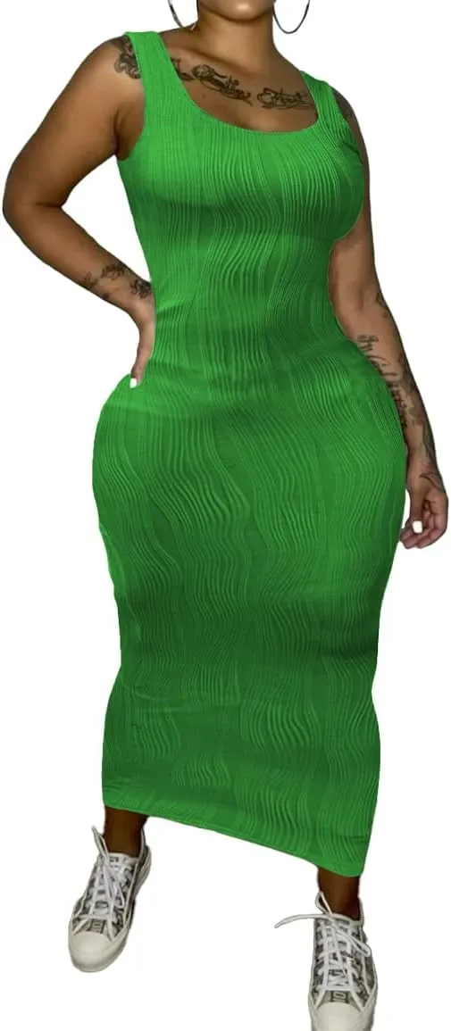 PINSV Women's Scoop Neck Bodycon Maxi Dress Stretchy Sleeveless Summer Tank Dress Sexy Party Club Beach Sundress