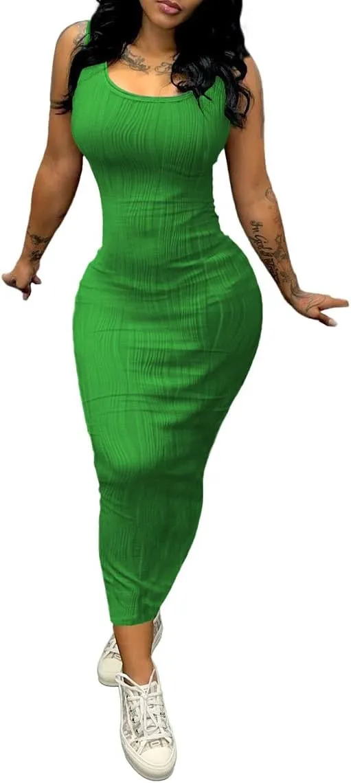 PINSV Women's Scoop Neck Bodycon Maxi Dress Stretchy Sleeveless Summer Tank Dress Sexy Party Club Beach Sundress