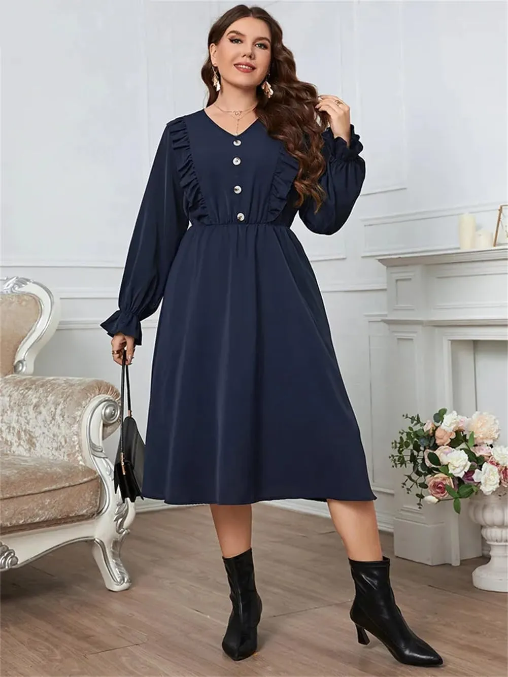 Plus Size Button Front Frill Trim Midi Dresses Women Casual Long Sleeve Elastic Waist A Line Dress