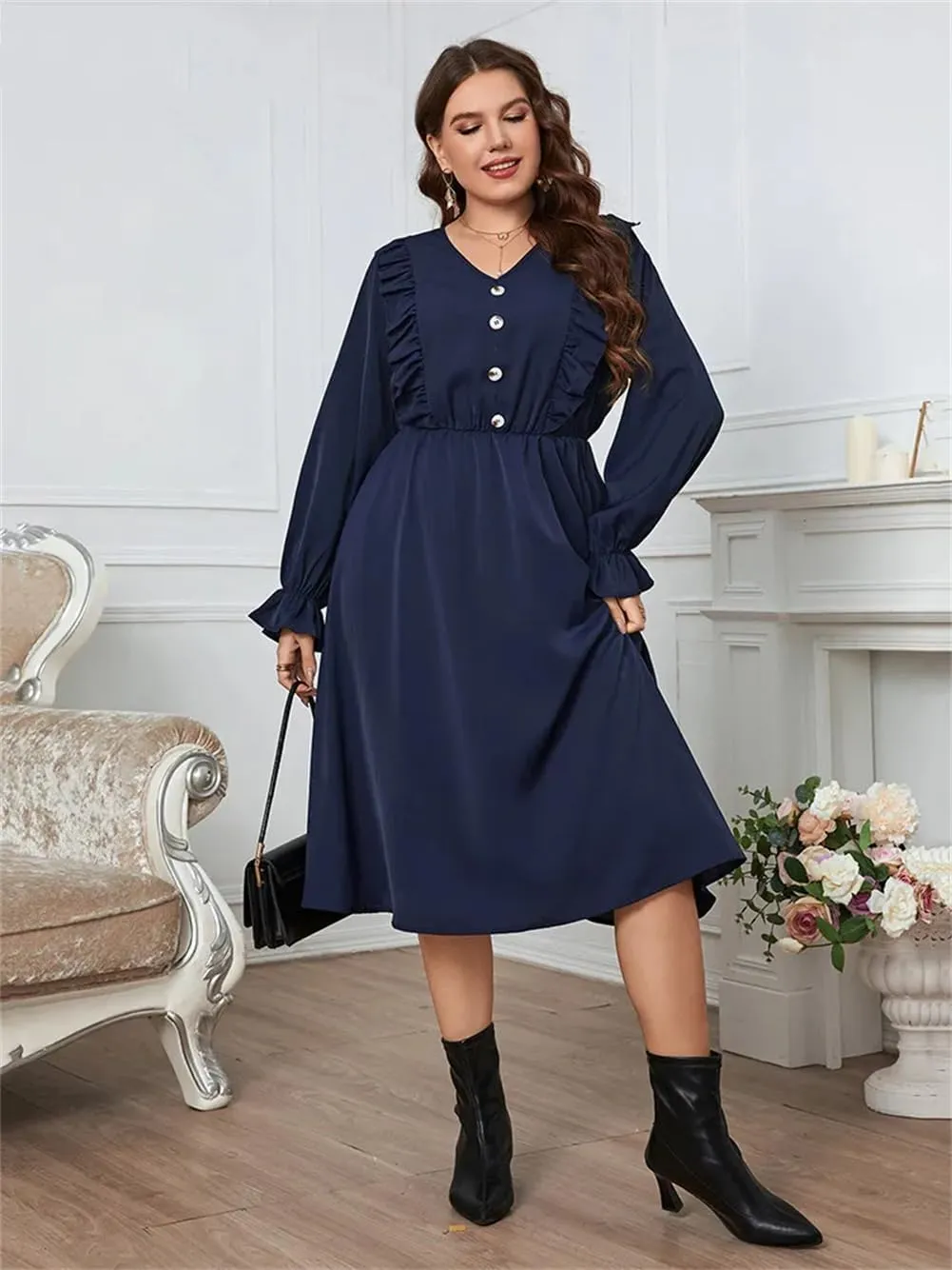 Plus Size Button Front Frill Trim Midi Dresses Women Casual Long Sleeve Elastic Waist A Line Dress