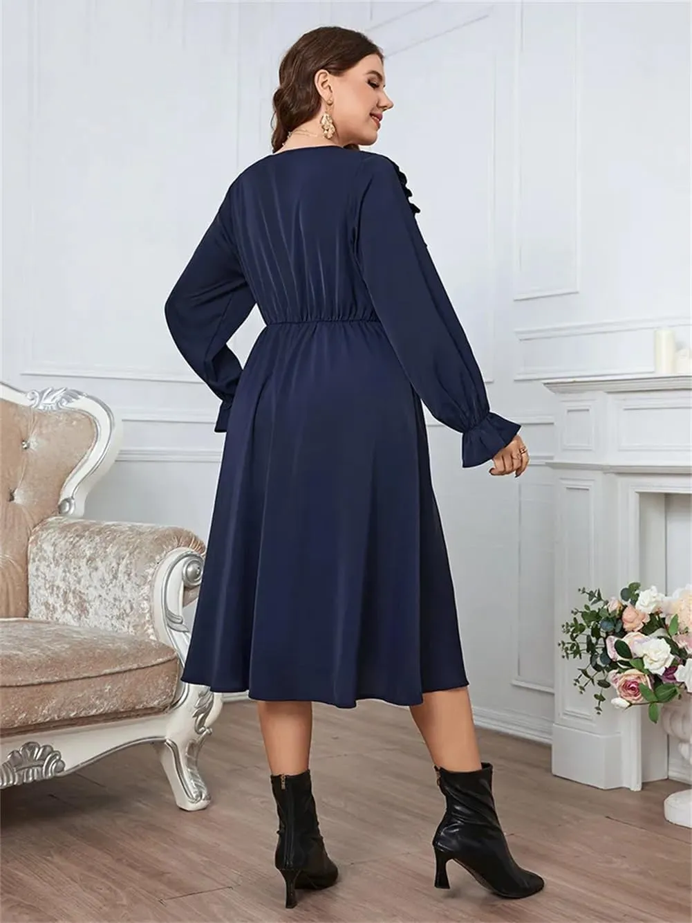 Plus Size Button Front Frill Trim Midi Dresses Women Casual Long Sleeve Elastic Waist A Line Dress