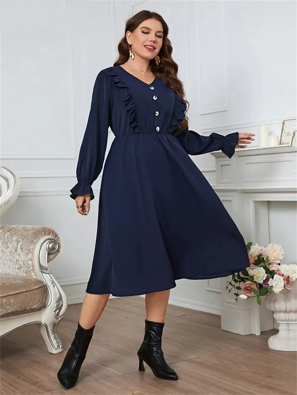 Plus Size Button Front Frill Trim Midi Dresses Women Casual Long Sleeve Elastic Waist A Line Dress