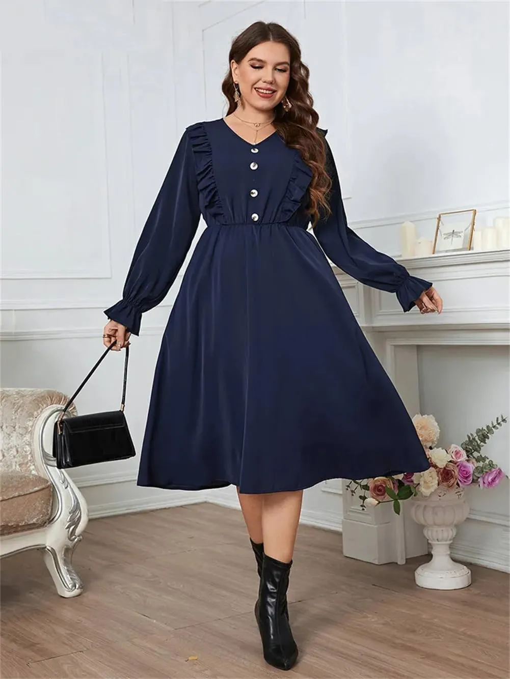 Plus Size Button Front Frill Trim Midi Dresses Women Casual Long Sleeve Elastic Waist A Line Dress