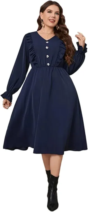 Plus Size Button Front Frill Trim Midi Dresses Women Casual Long Sleeve Elastic Waist A Line Dress