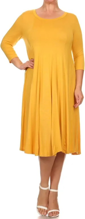 Plus Size Casual Comfy Solid Print 3/4 Sleeve A-line Midi Dress/Made in USA Mustard 2XL