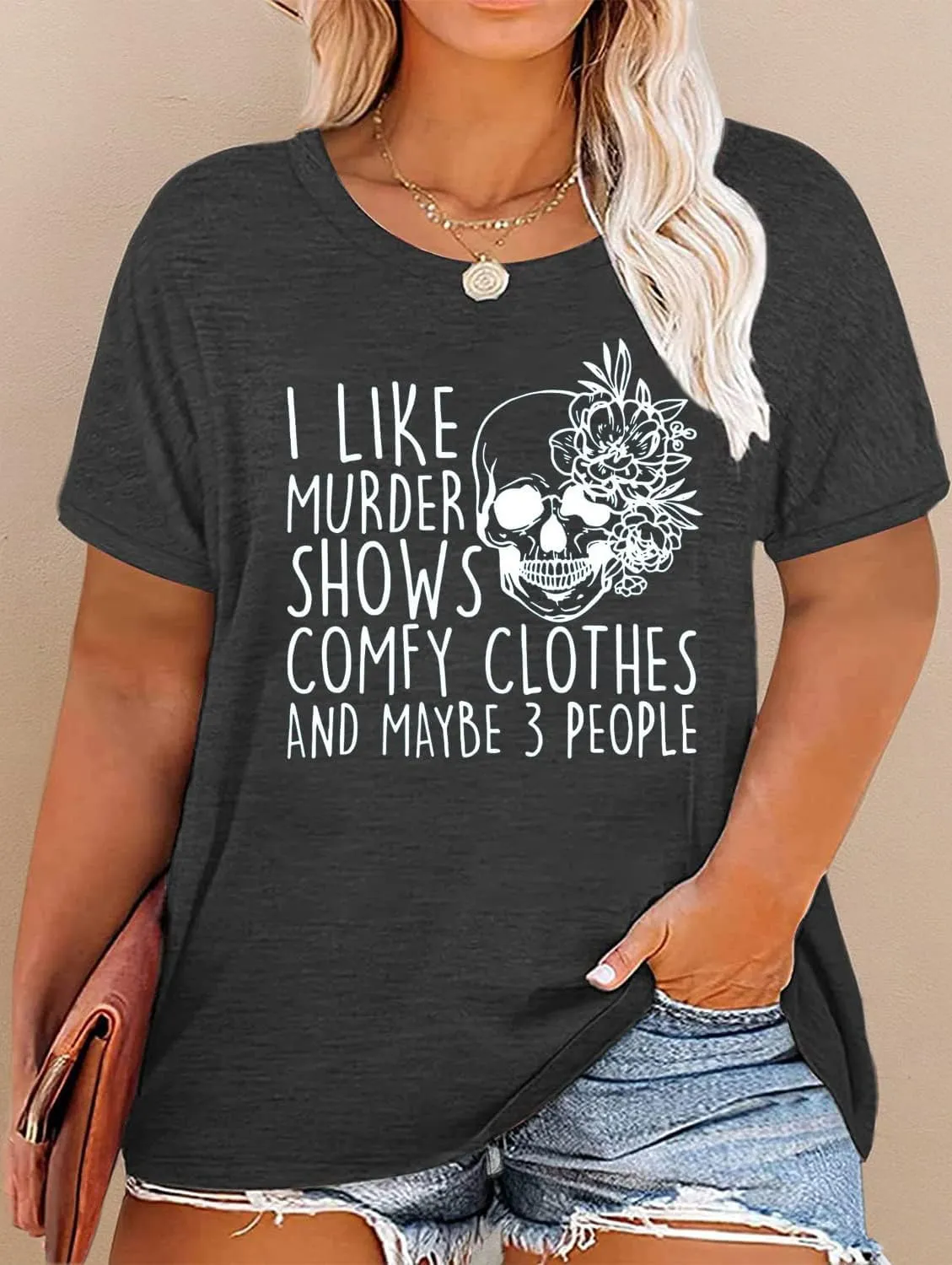 Plus Size I Like Murder Shows T-Shirt Women Novelty Halloween Horror Shirt Skull Casual Graphic Tees Tops
