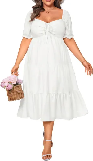 Plus Size Summer Dresses - Sweetheart Neck Drawstring Puff Sleeve Casual Wedding Guest Tiered Aline Flowy Midi Dress