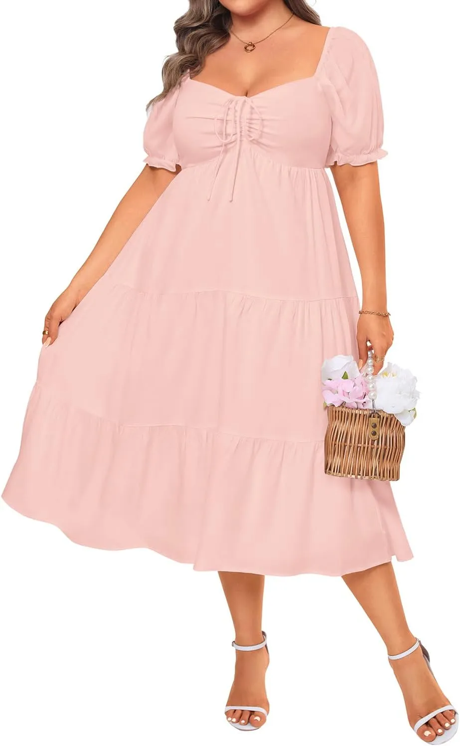 Plus Size Summer Dresses - Sweetheart Neck Drawstring Puff Sleeve Casual Wedding Guest Tiered Aline Flowy Midi Dress