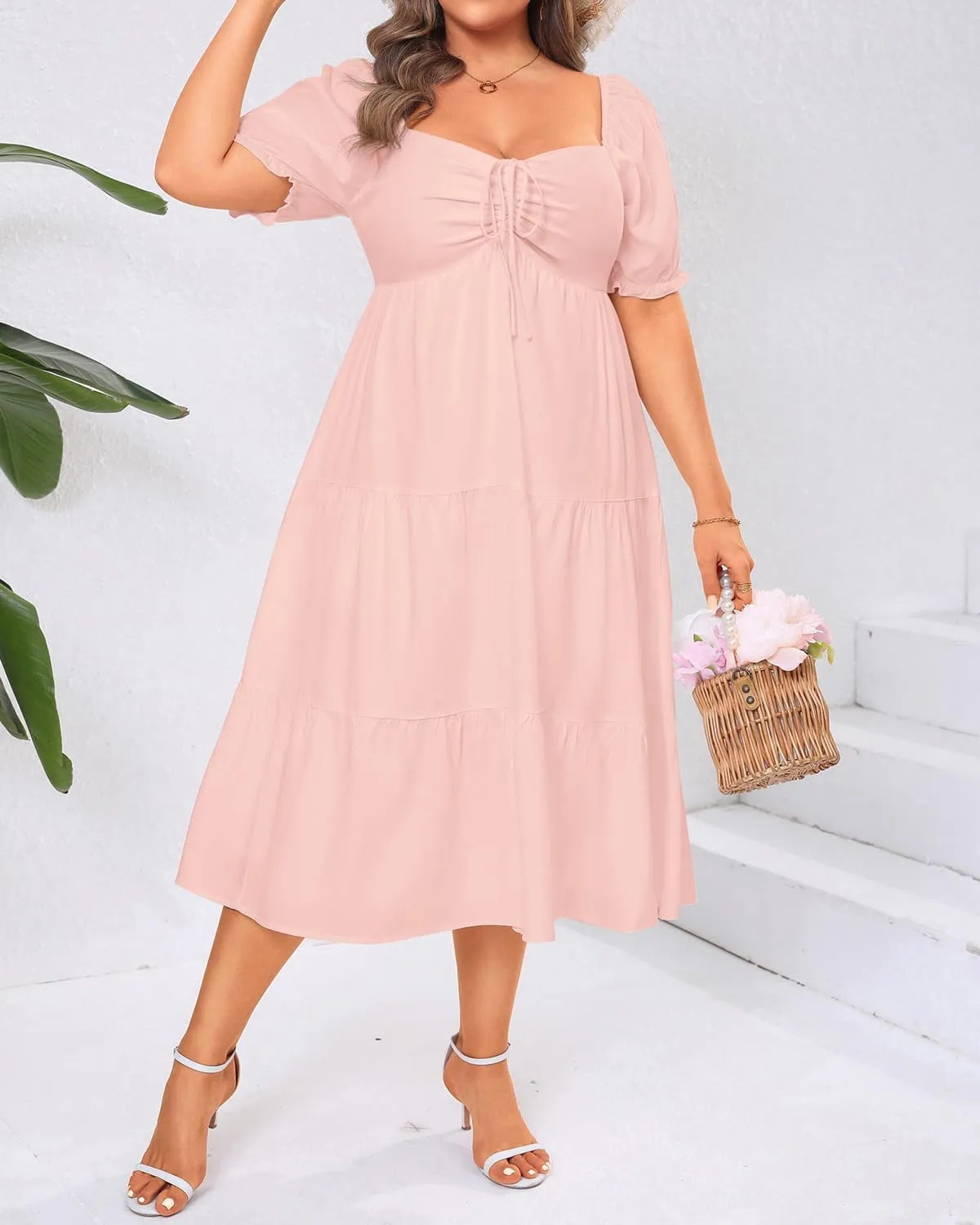 Plus Size Summer Dresses - Sweetheart Neck Drawstring Puff Sleeve Casual Wedding Guest Tiered Aline Flowy Midi Dress