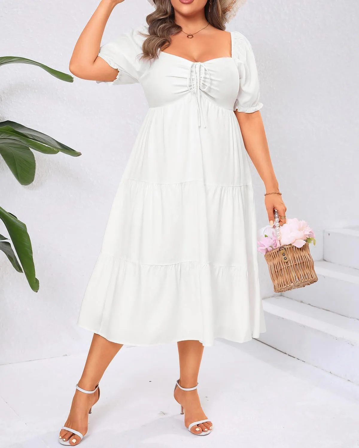 Plus Size Summer Dresses - Sweetheart Neck Drawstring Puff Sleeve Casual Wedding Guest Tiered Aline Flowy Midi Dress