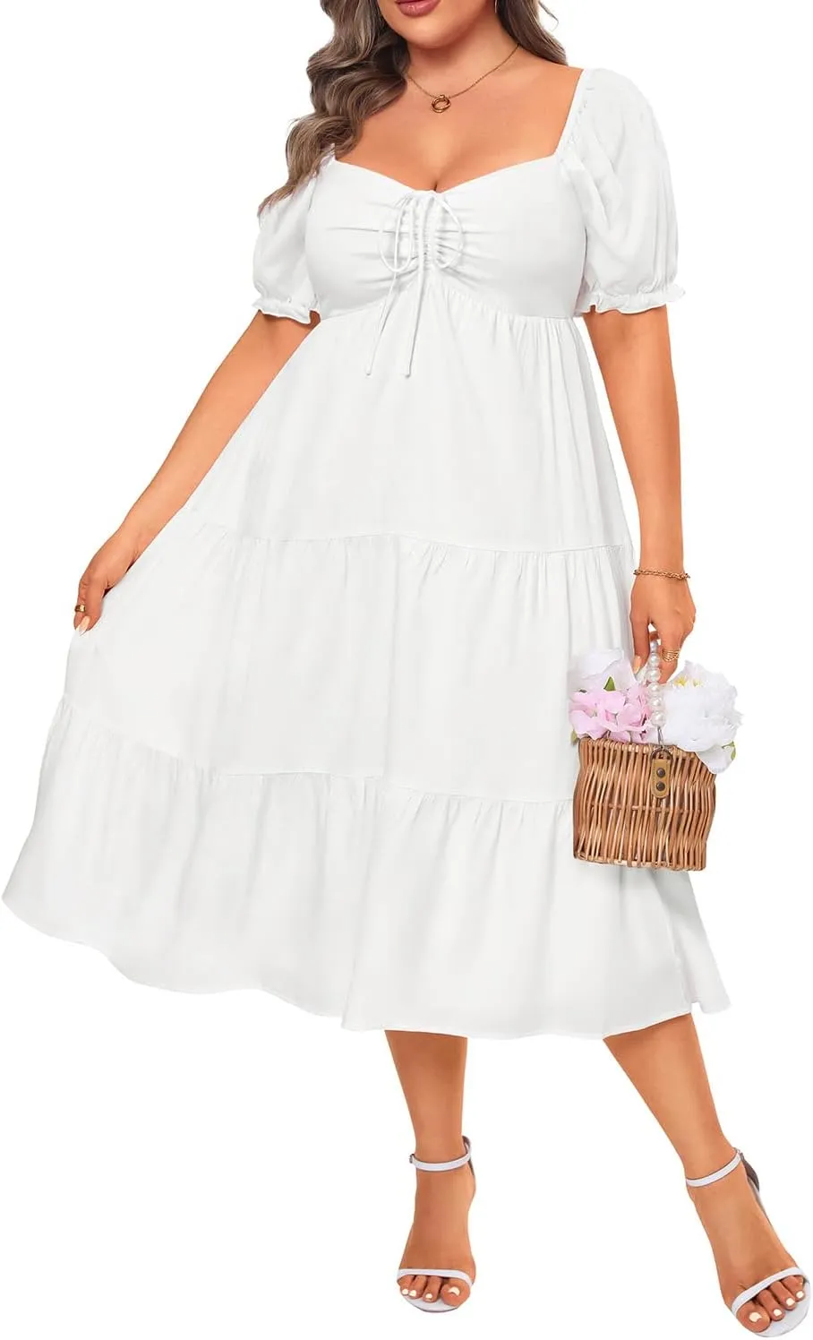 Plus Size Summer Dresses - Sweetheart Neck Drawstring Puff Sleeve Casual Wedding Guest Tiered Aline Flowy Midi Dress