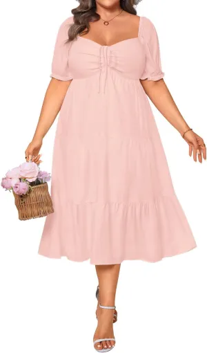 Plus Size Summer Dresses - Sweetheart Neck Drawstring Puff Sleeve Casual Wedding Guest Tiered Aline Flowy Midi Dress