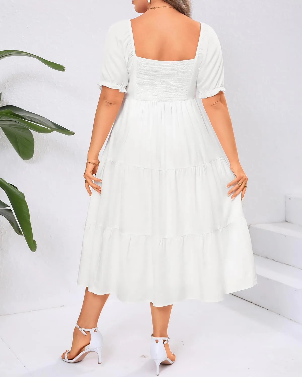 Plus Size Summer Dresses - Sweetheart Neck Drawstring Puff Sleeve Casual Wedding Guest Tiered Aline Flowy Midi Dress