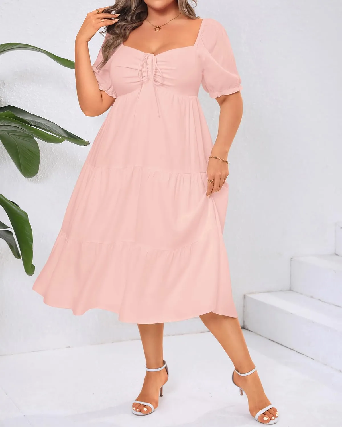 Plus Size Summer Dresses - Sweetheart Neck Drawstring Puff Sleeve Casual Wedding Guest Tiered Aline Flowy Midi Dress