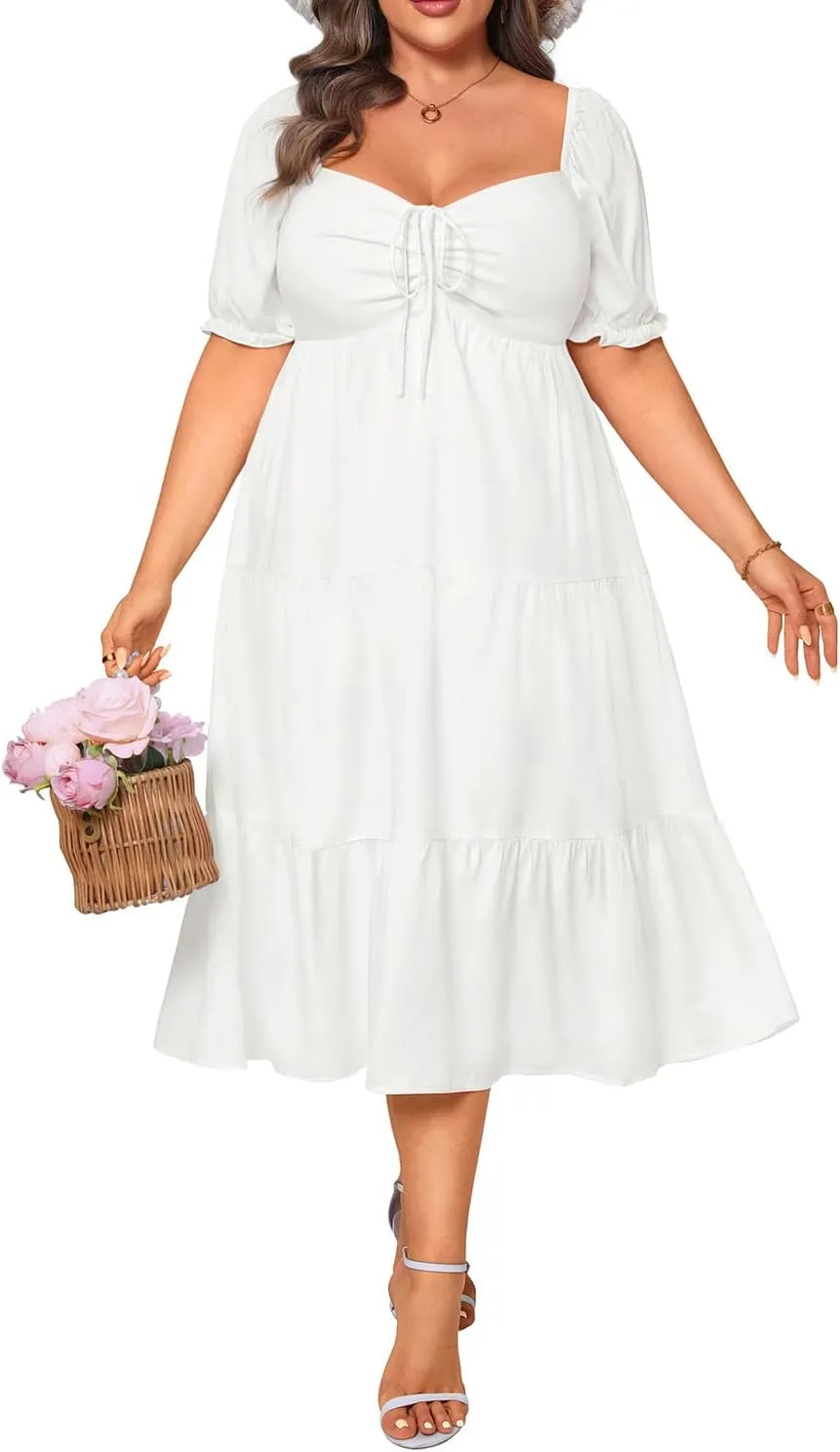 Plus Size Summer Dresses - Sweetheart Neck Drawstring Puff Sleeve Casual Wedding Guest Tiered Aline Flowy Midi Dress