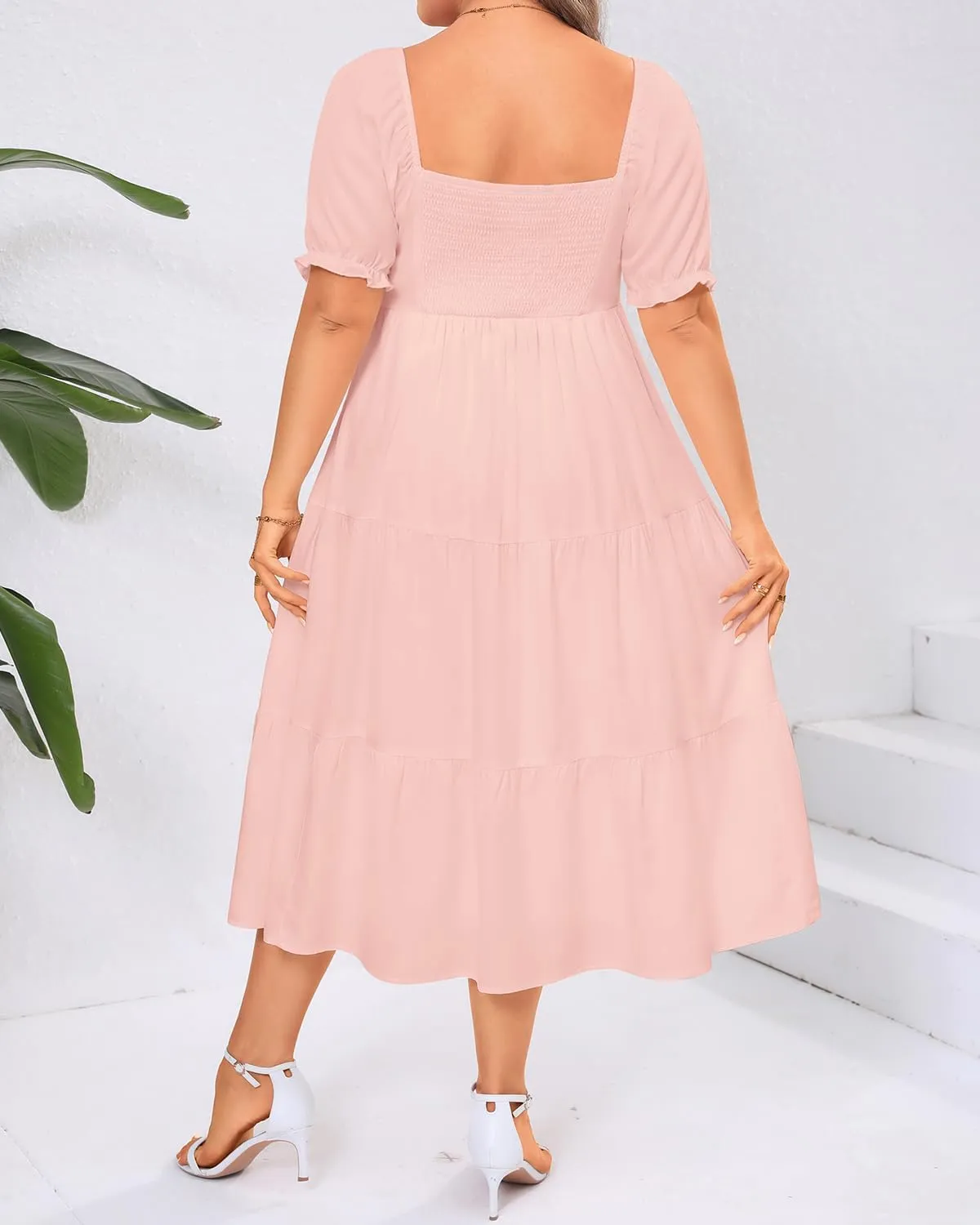 Plus Size Summer Dresses - Sweetheart Neck Drawstring Puff Sleeve Casual Wedding Guest Tiered Aline Flowy Midi Dress