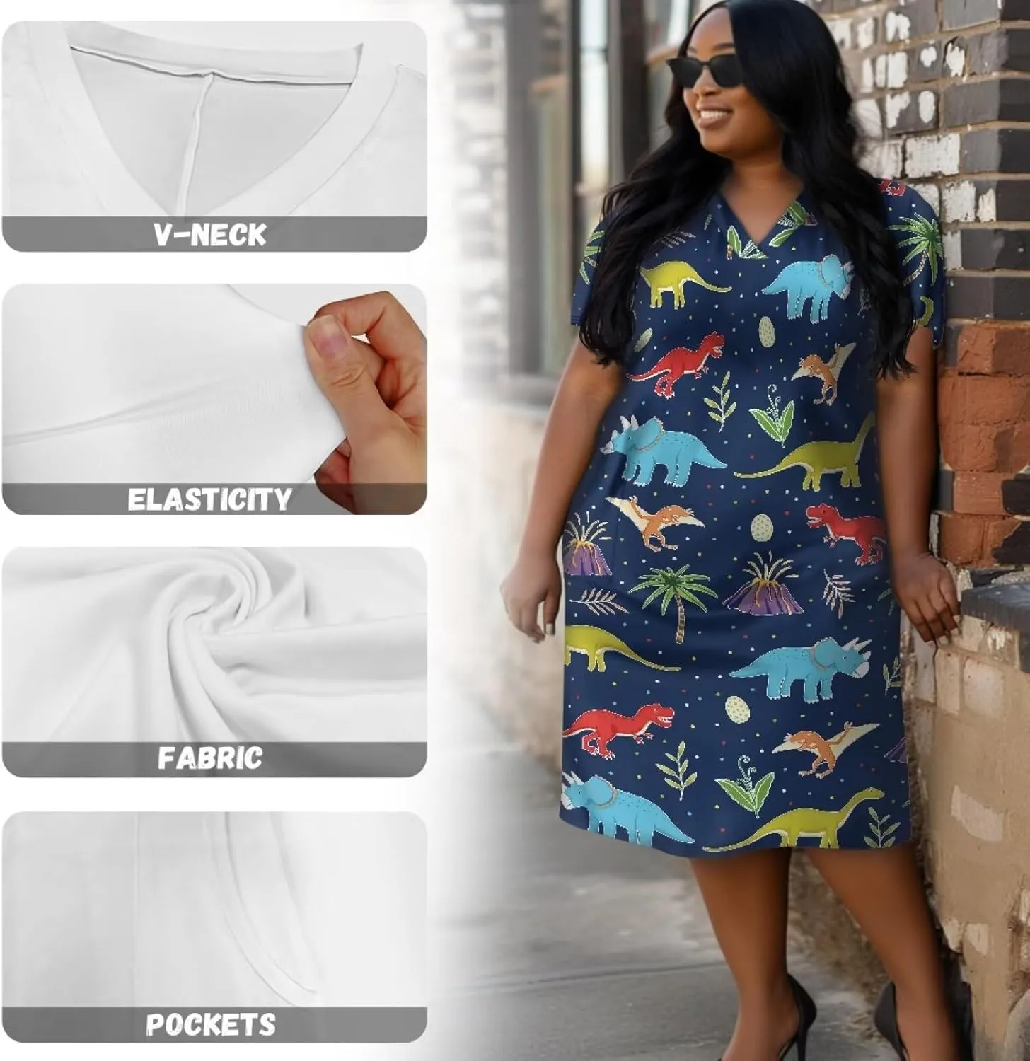 POLERO Plus Size Dress for Women Short Sleeve Midi Dress with Pockets Casual V Neck Tshirt Dresses