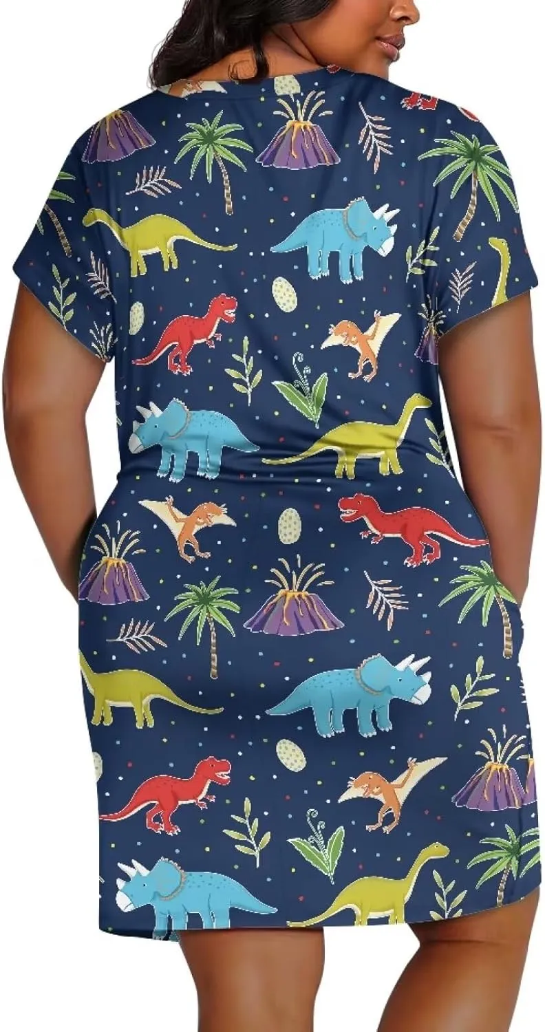 POLERO Plus Size Dress for Women Short Sleeve Midi Dress with Pockets Casual V Neck Tshirt Dresses
