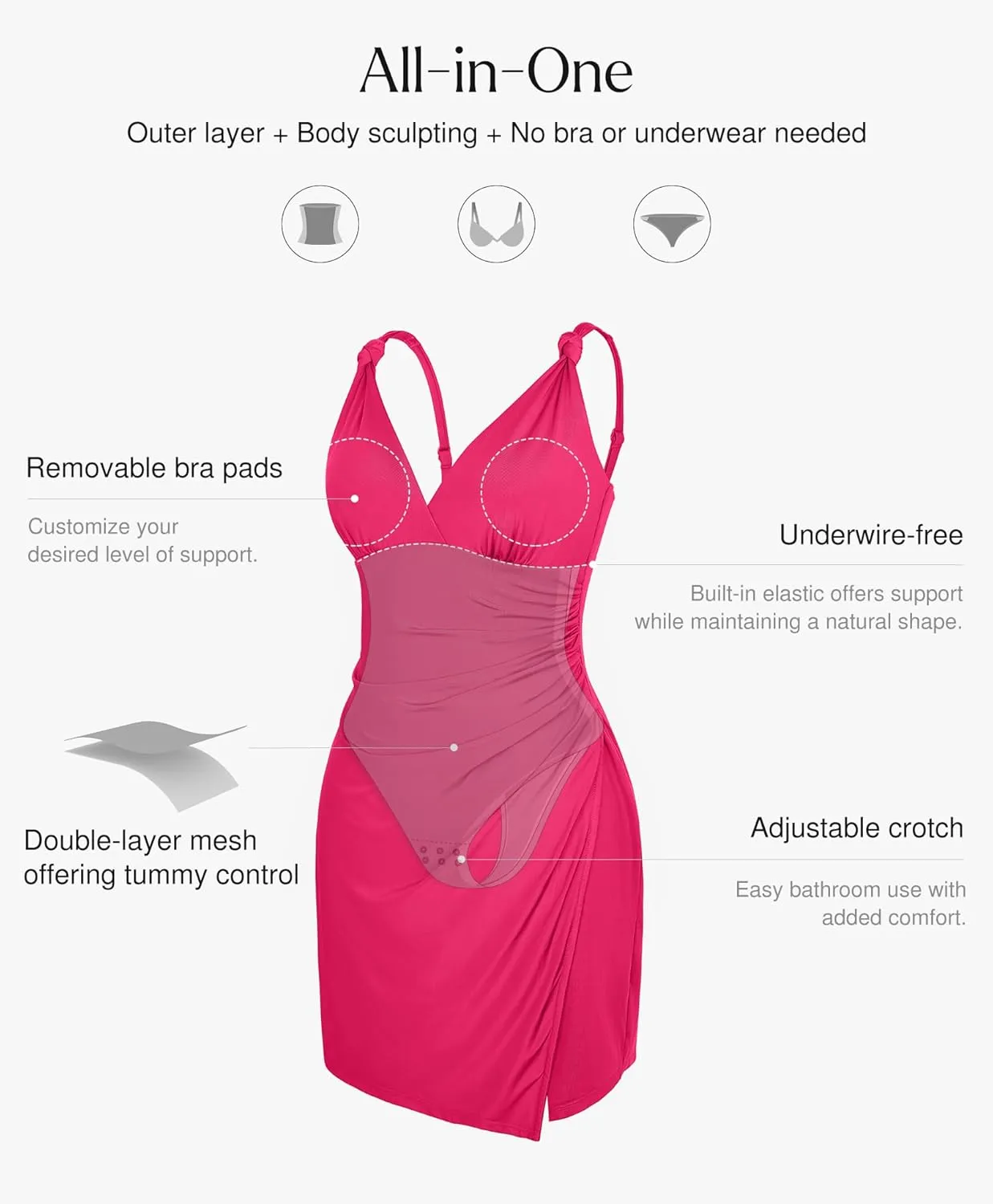 Popilush Mini Dress for Women V Neck Beach Vacation Clothes Summer Party Side Slit Cocktail Dress With Built in Shapewear
