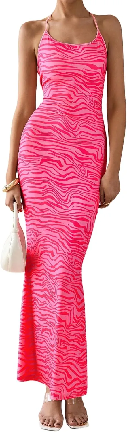 PRETTYGARDEN Maxi Dresses for Women 2025 Summer Halter Leopard Print Sleeveless Sexy Bodycon Cruise Cocktail Long Dress