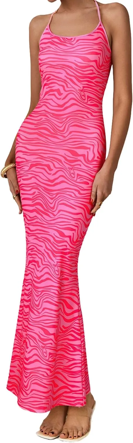 PRETTYGARDEN Maxi Dresses for Women 2025 Summer Halter Leopard Print Sleeveless Sexy Bodycon Cruise Cocktail Long Dress