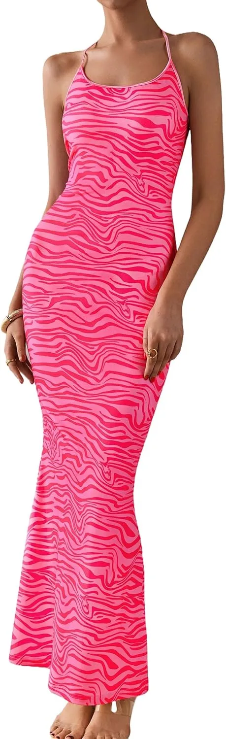 PRETTYGARDEN Maxi Dresses for Women 2025 Summer Halter Leopard Print Sleeveless Sexy Bodycon Cruise Cocktail Long Dress