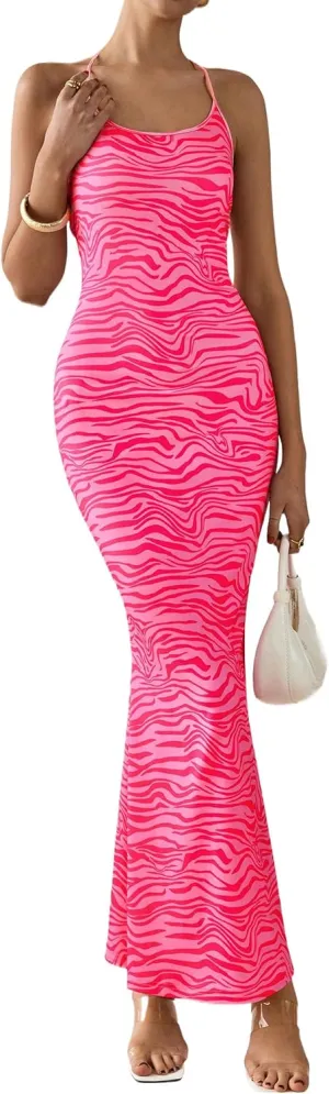 PRETTYGARDEN Maxi Dresses for Women 2025 Summer Halter Leopard Print Sleeveless Sexy Bodycon Cruise Cocktail Long Dress