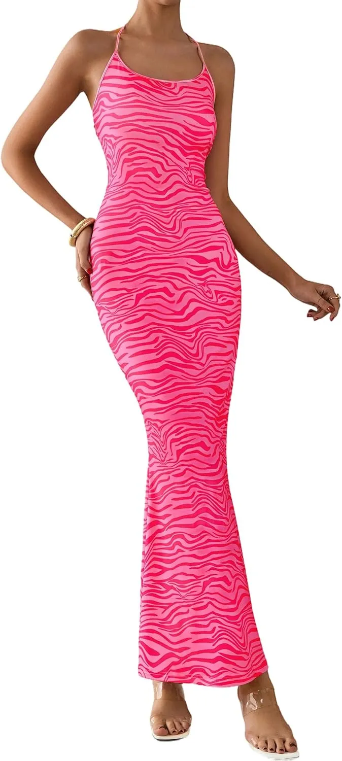 PRETTYGARDEN Maxi Dresses for Women 2025 Summer Halter Leopard Print Sleeveless Sexy Bodycon Cruise Cocktail Long Dress