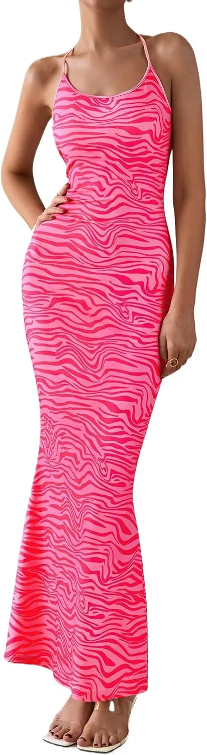 PRETTYGARDEN Maxi Dresses for Women 2025 Summer Halter Leopard Print Sleeveless Sexy Bodycon Cruise Cocktail Long Dress
