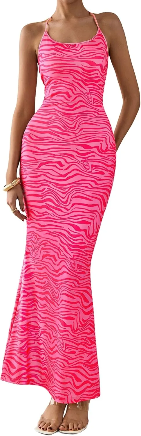 PRETTYGARDEN Maxi Dresses for Women 2025 Summer Halter Leopard Print Sleeveless Sexy Bodycon Cruise Cocktail Long Dress