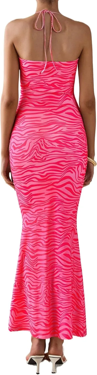 PRETTYGARDEN Maxi Dresses for Women 2025 Summer Halter Leopard Print Sleeveless Sexy Bodycon Cruise Cocktail Long Dress