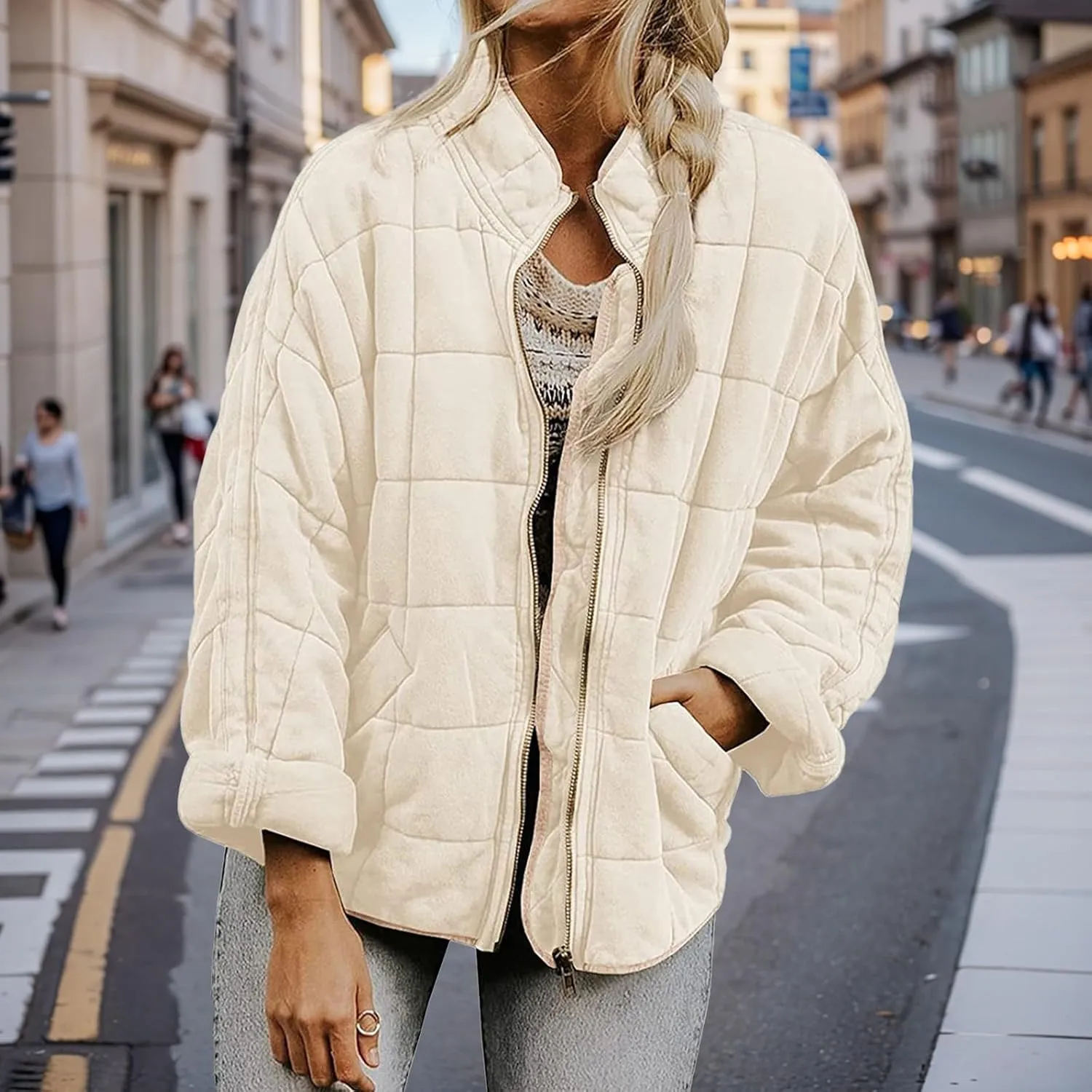 Quilted Jackets for Women Lightweight Puffer Jacket Dolman Long Sleeve Zip Up Padded Jacket Down Winter Coat Outwear