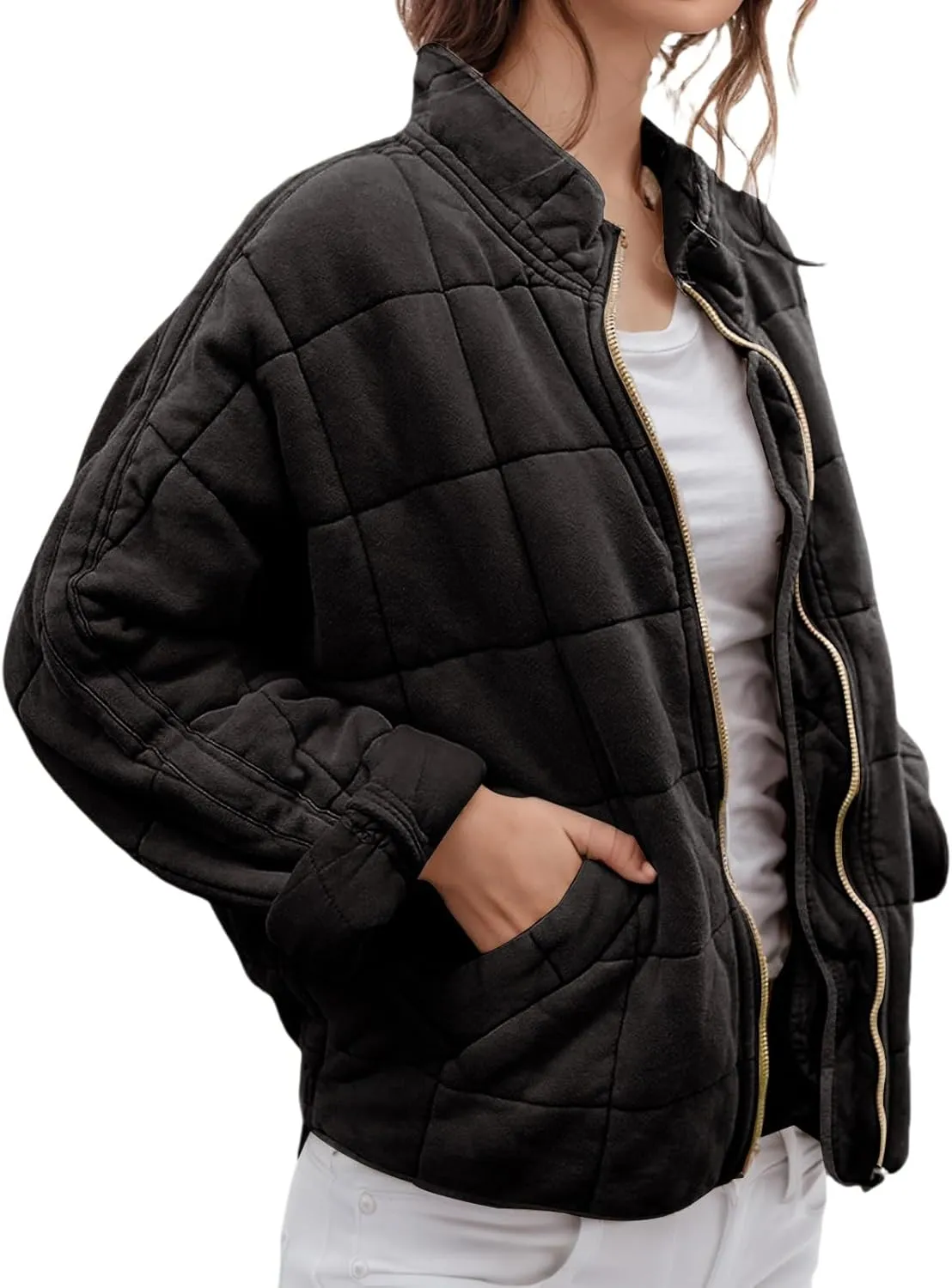 Quilted Jackets for Women Lightweight Puffer Jacket Dolman Long Sleeve Zip Up Padded Jacket Down Winter Coat Outwear