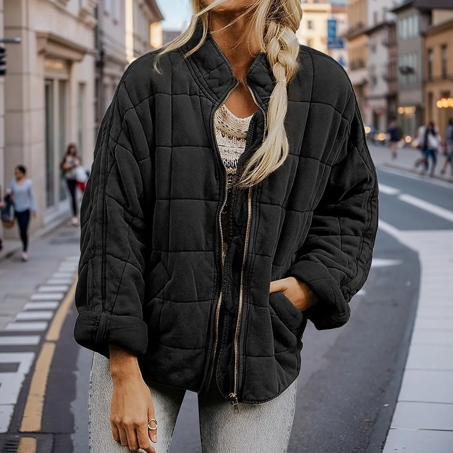 Quilted Jackets for Women Lightweight Puffer Jacket Dolman Long Sleeve Zip Up Padded Jacket Down Winter Coat Outwear