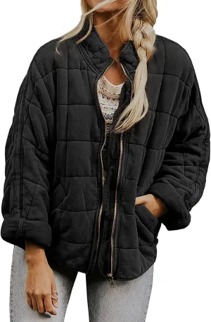 Quilted Jackets for Women Lightweight Puffer Jacket Dolman Long Sleeve Zip Up Padded Jacket Down Winter Coat Outwear