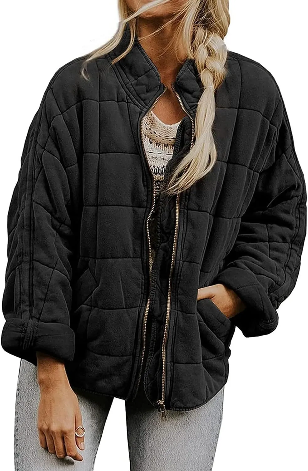 Quilted Jackets for Women Lightweight Puffer Jacket Dolman Long Sleeve Zip Up Padded Jacket Down Winter Coat Outwear