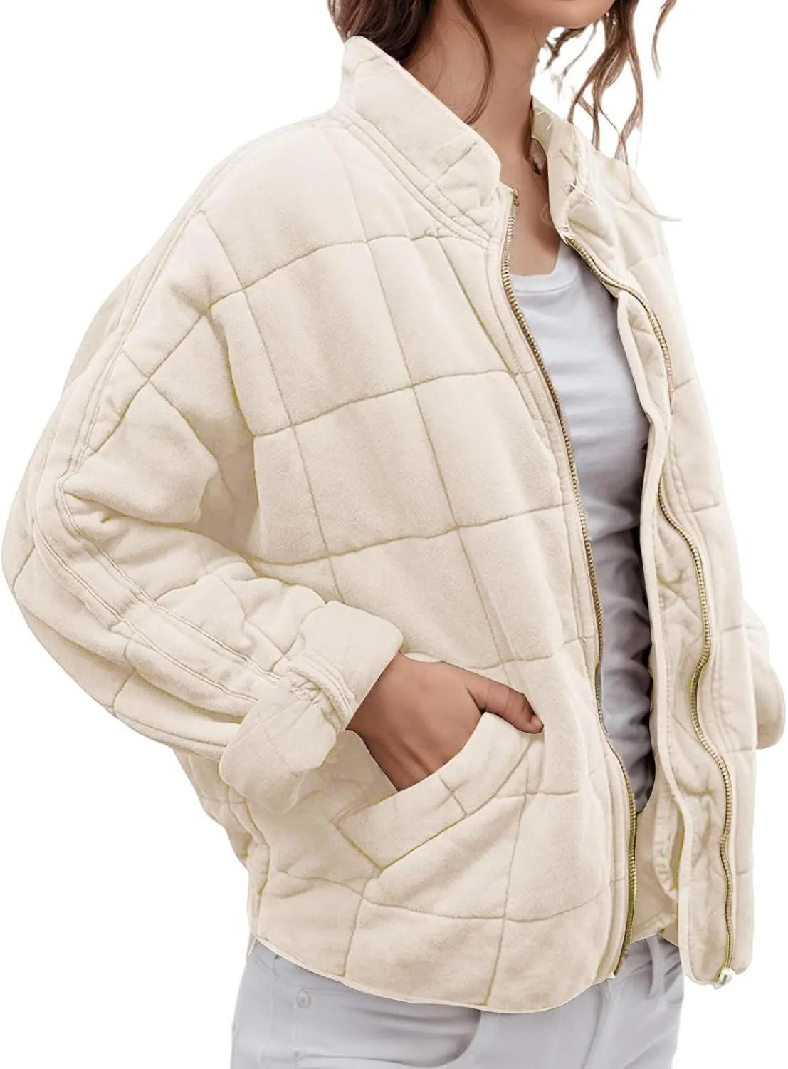 Quilted Jackets for Women Lightweight Puffer Jacket Dolman Long Sleeve Zip Up Padded Jacket Down Winter Coat Outwear