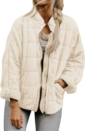 Quilted Jackets for Women Lightweight Puffer Jacket Dolman Long Sleeve Zip Up Padded Jacket Down Winter Coat Outwear