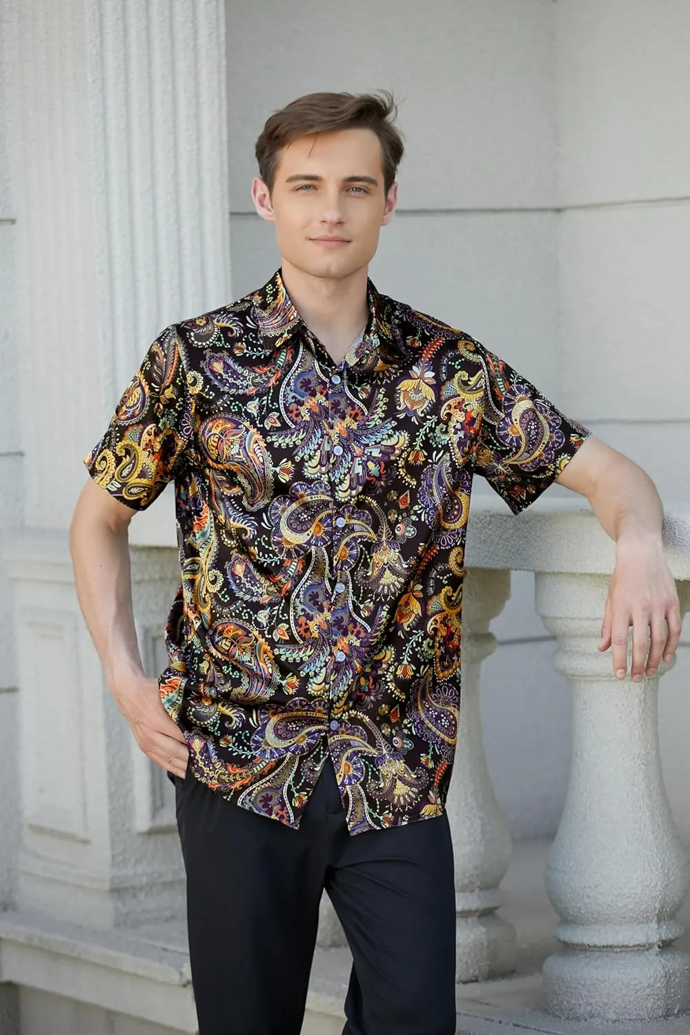 QZH.DUAO Mens 70s Disco Party Shirts Casual Paisley Button Down Shirt Vintage Floral Hawaiian Beach Short Sleeve Shirt