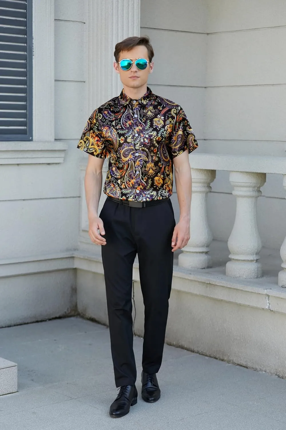 QZH.DUAO Mens 70s Disco Party Shirts Casual Paisley Button Down Shirt Vintage Floral Hawaiian Beach Short Sleeve Shirt